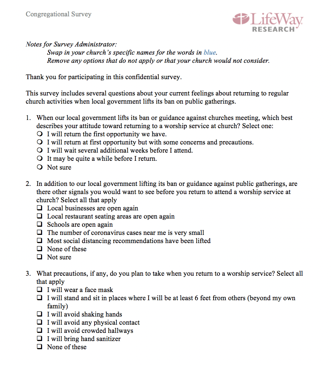 COVID19 ReEntry Survey Baptist Resource Network