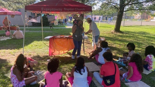 Expressway VBS tent surrounded by students