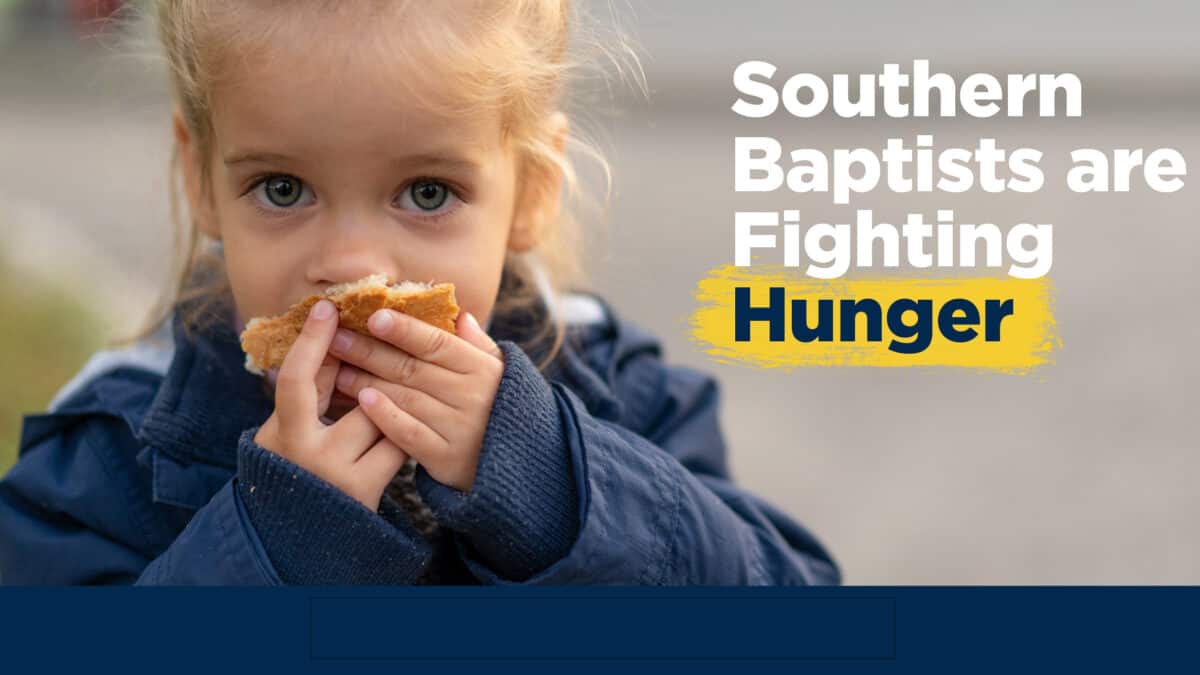 Girl eating food with words, "Southern Baptists are fighting hunger."